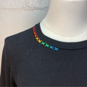J. Society Black Crewneck Sweater Rainbow Embroidered Accents Women's Size XS
